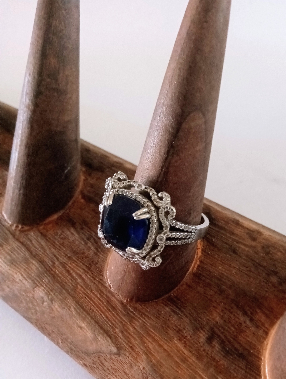 Sterling Silver 925 Ring Large Square Blue Sapphire Filigree Detail Size 9.5 - Picture 2 of 9